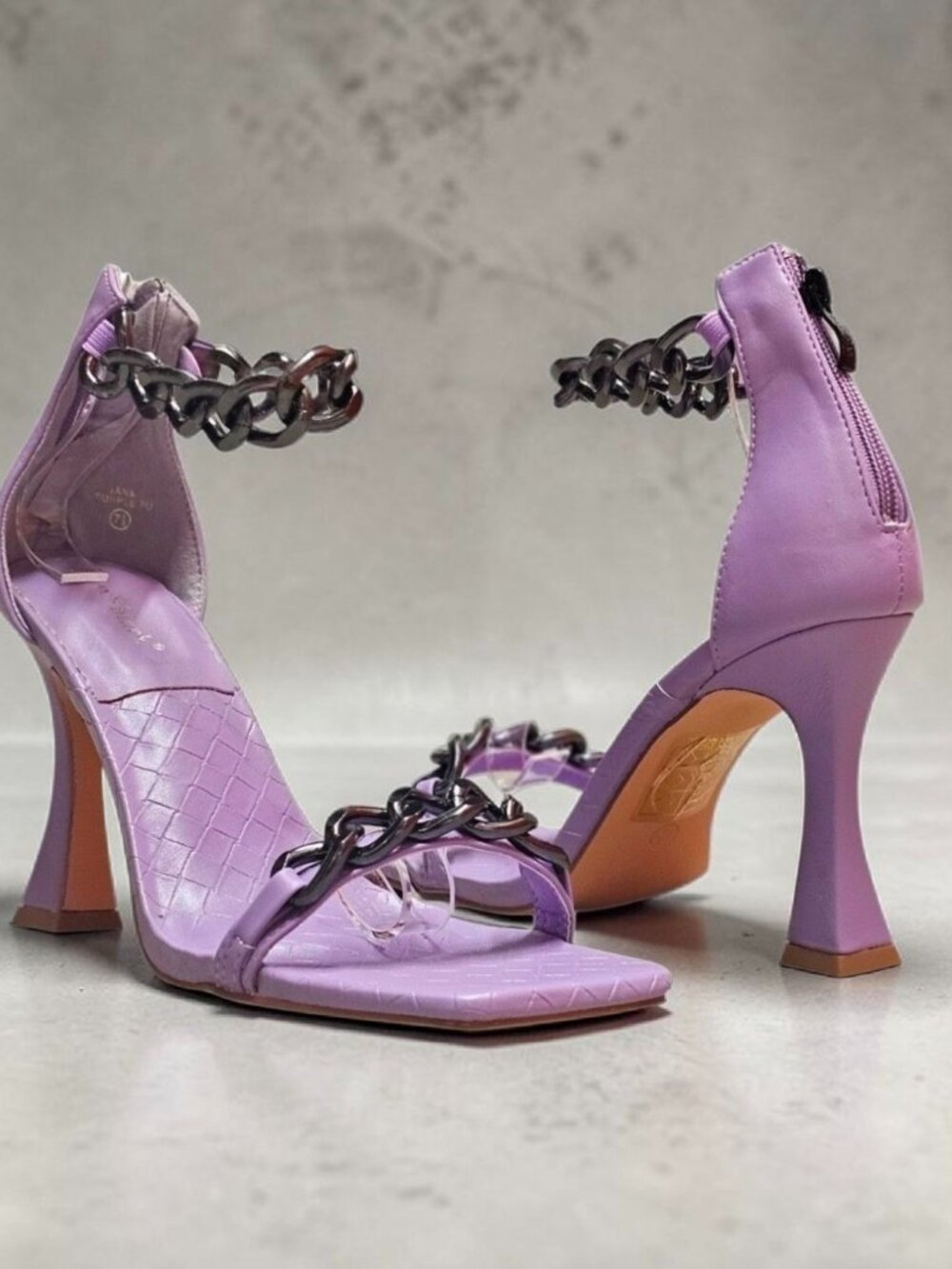 Chain-Detail Purple High Heel Sandals With Croc-Embossed Straps & Square Toe For